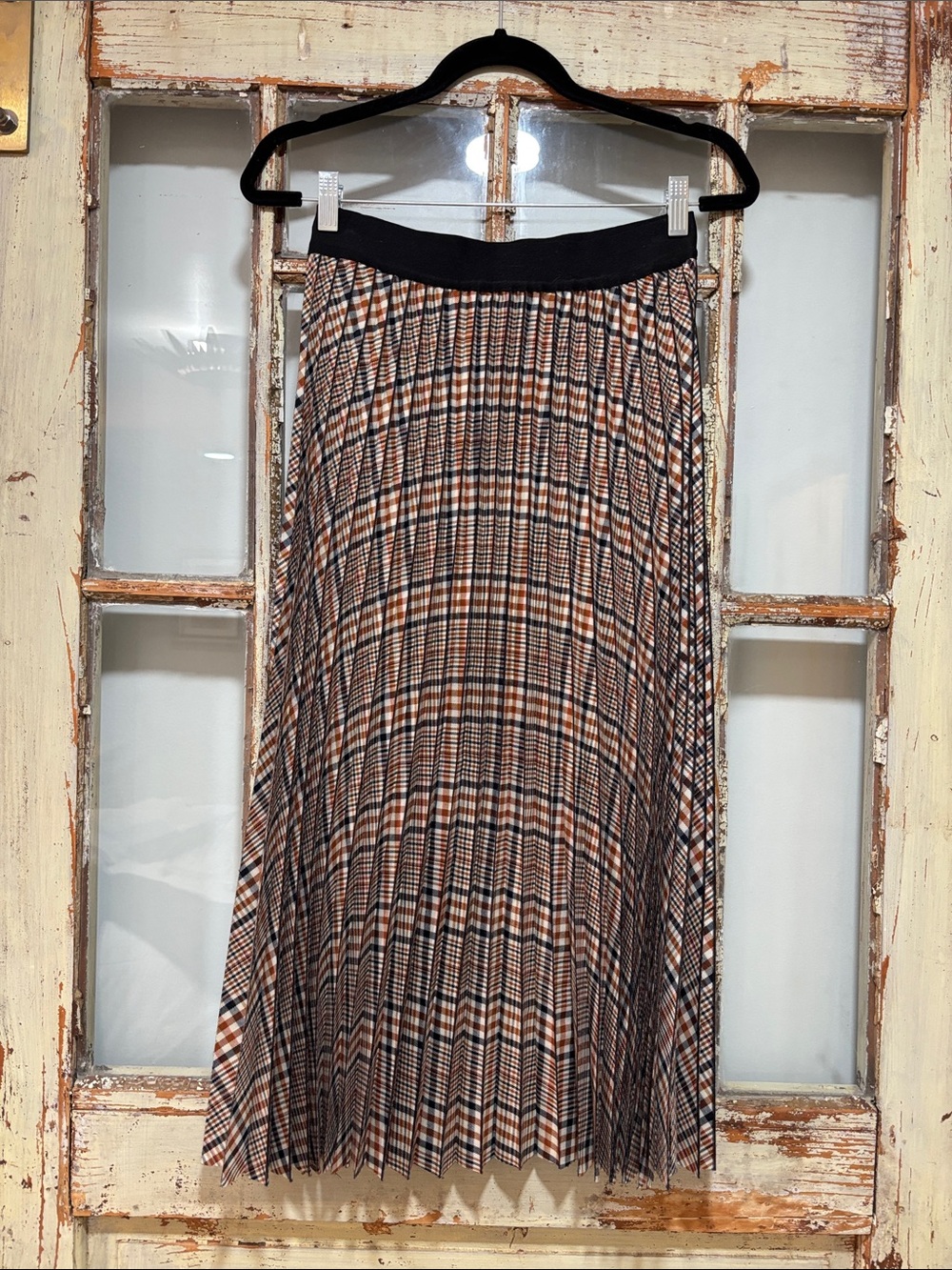Lucy Paris Pleated Plaid Midi Skirt in Black and Brown